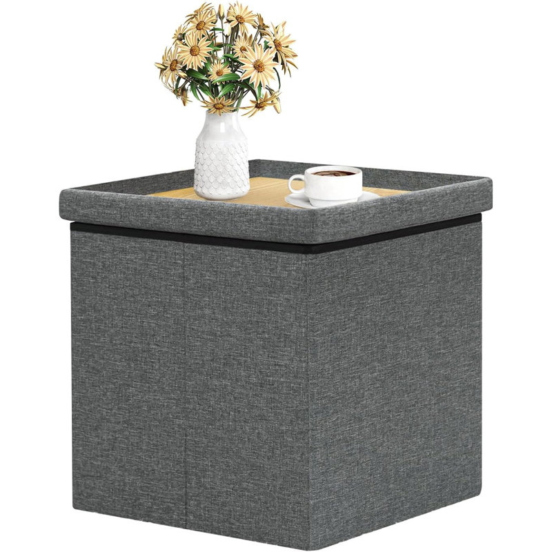 Storage Ottoman With Tray, Small Ottomans Cube Folding Coffee Table Foot Stool Footrest Seat, Dark Grey Linen