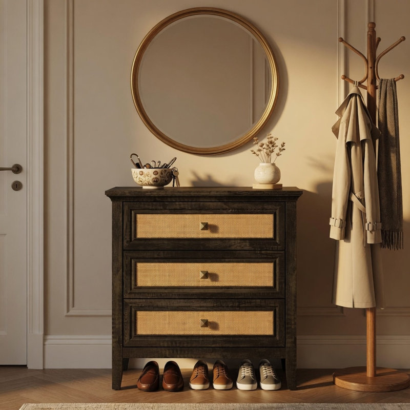 Table de chevet 29,5 pouces de large avec 3 tiroirs, table de bout haute en rotin pour la chambre à coucher, brun café