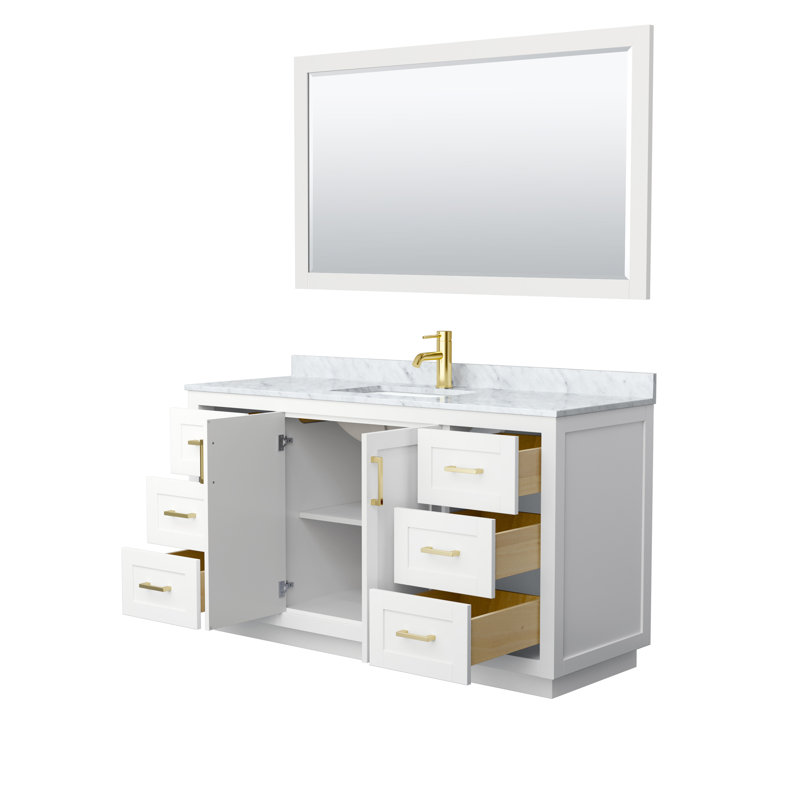 Miranda 60" Freestanding Single Bathroom Vanity with Marble Top with 58" Mirror, White, Brushed Gold