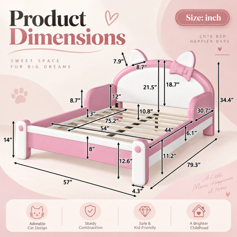 Lit plateforme rembourré en forme de chat mignon Dandre pour enfants, avec barrières de sécurité latérales, lit princesse bas avec tête de lit à nœud.