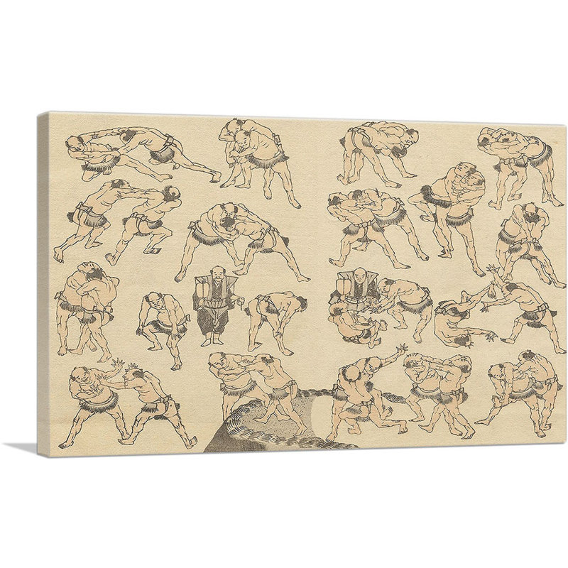 «Manga Sumo» par Katsushika Hokusai, reproduction d'art sur toile tendue, H 26 po x l 40 po x 1,5 po