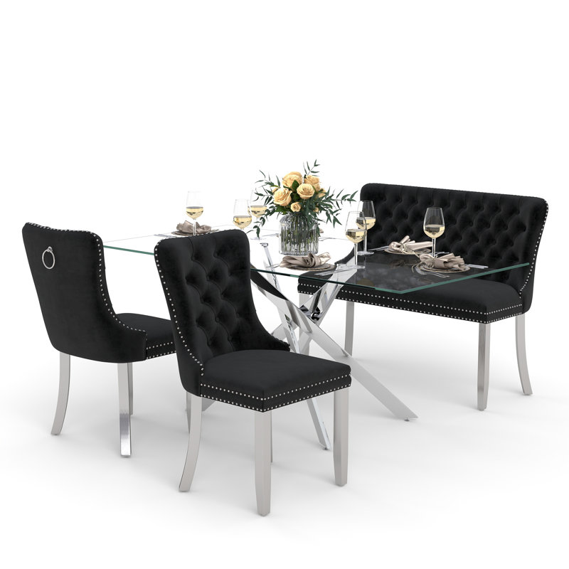 Luxury Dining Set with Hand-Tufted Velvet Bench & Chairs, 8mm Tempered Glass Table, Modern Furniture for Dining Area