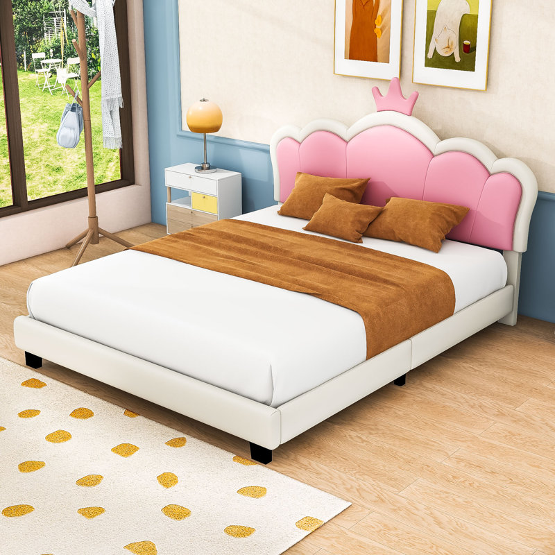 Lit plateforme tapissier en polyuréthane princesse avec tête de lit couronne, Double
