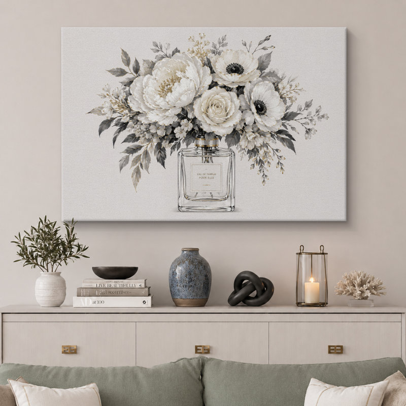 Bouquet de fleurs blanches dans une bouteille de parfum, images de chambre à coucher élégantes, impression sur toile encadrée