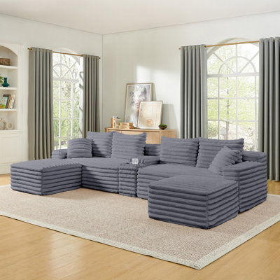 127" Cloud Couch Sectional, Modular Sofa with Cup Holder, 2 Ottoman and USB Ports, Corduroy U Shaped Boneless Sofas, Couch in a Box, No Assembly Requi