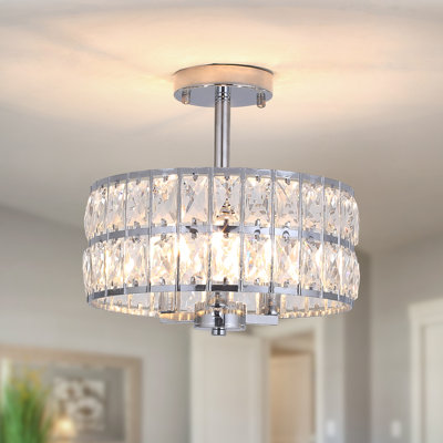3-Light Crystal Ceiling Light Fixture Semi Flush Mount Chandelier with Drum Shade