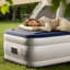 Matelas gonflable bleu et blanc avec pompe intégrée-2023130727