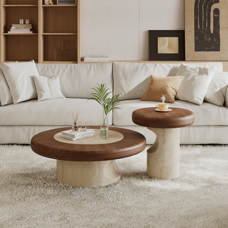 Ensemble de tables basses rondes 2 pièces, tables en bois de style Mid-Century avec finition en travertin, plateau en forme de champignon, base à disque