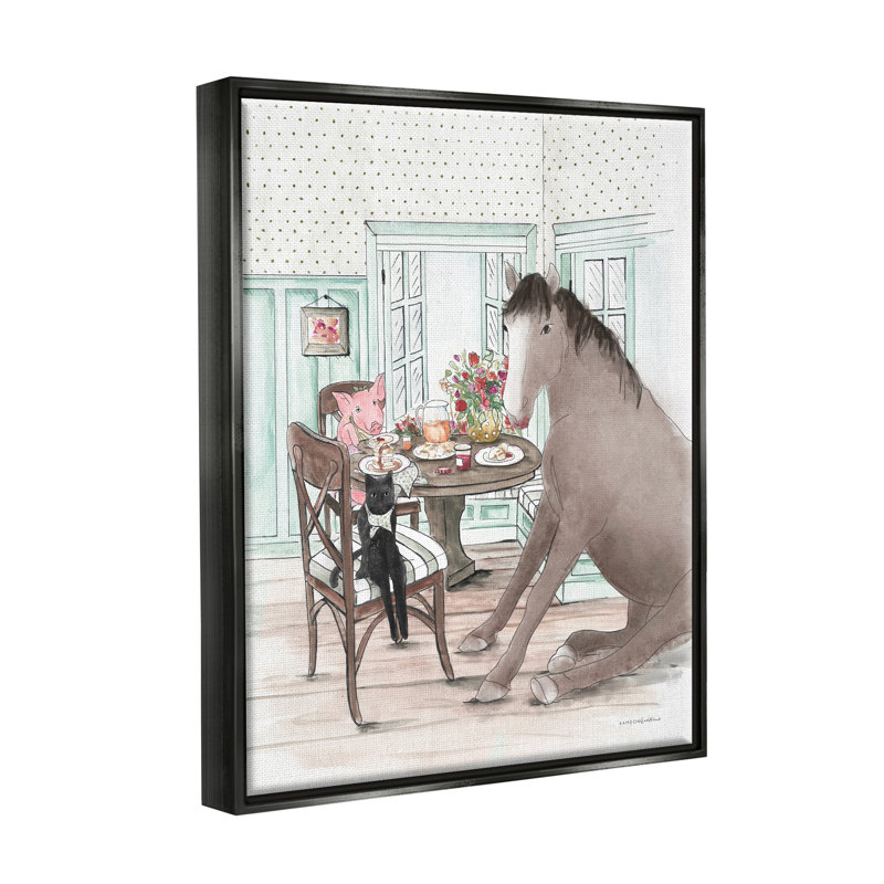 Animaux partageant un repas, impression encadrée sur bois, H 21 po x l 17 po x P 1,7 po, Cadre flottant noir de jais