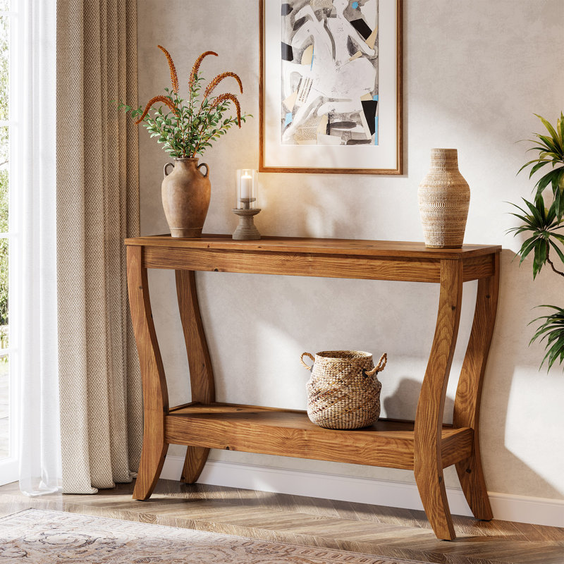 41.3-Inch Solid Wood Console Table, Farmhouse Entryway Table With Storage, Walnut