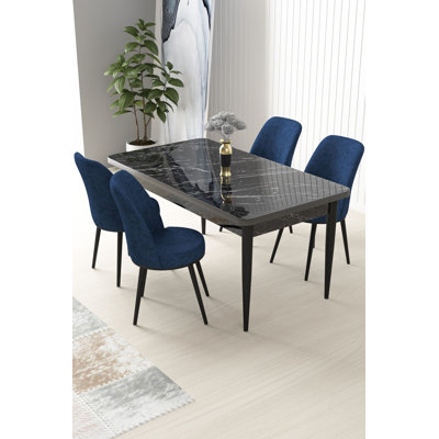 Ensemble de table et chaises de salle à manger moderne 5 pièces, marbre noir et bleu marine | 100% panneau de particules revêtu de mélamine, table: 43,3 po x 29,9 po x 27,9 po, chaises: 17,7 po x 35,8 po x 16,5 po | Pieds en métal, coussins en mousse confortables, design élégant et durable