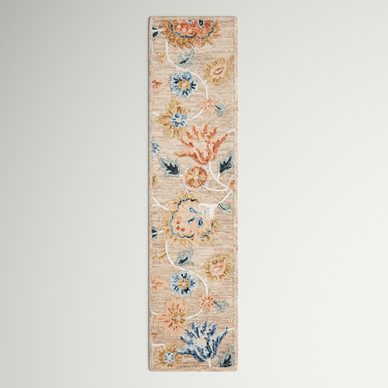 Tapis beige / bleu en laine touffeté à la main Camron, Tapis de couloir 2 pi 3 po x 9 pi