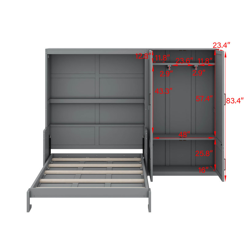 Grand lit escamotable mural avec placard, gris