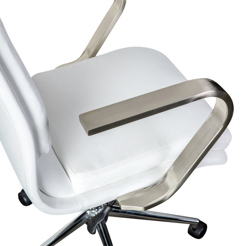 Mid-Back Designer Upholstered Swivel Executive Office Chair with Armrests, Chrome, White
