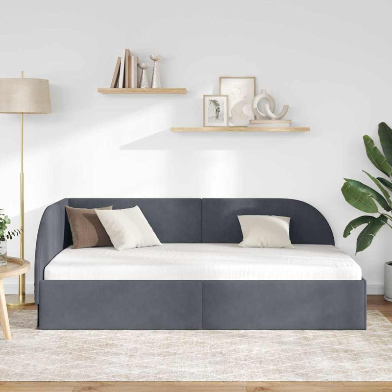  Corner Bed Frame With Headboard Black 80 X 200 Cm Velvet, Dark Grey, European Single (90 x 200 cm)