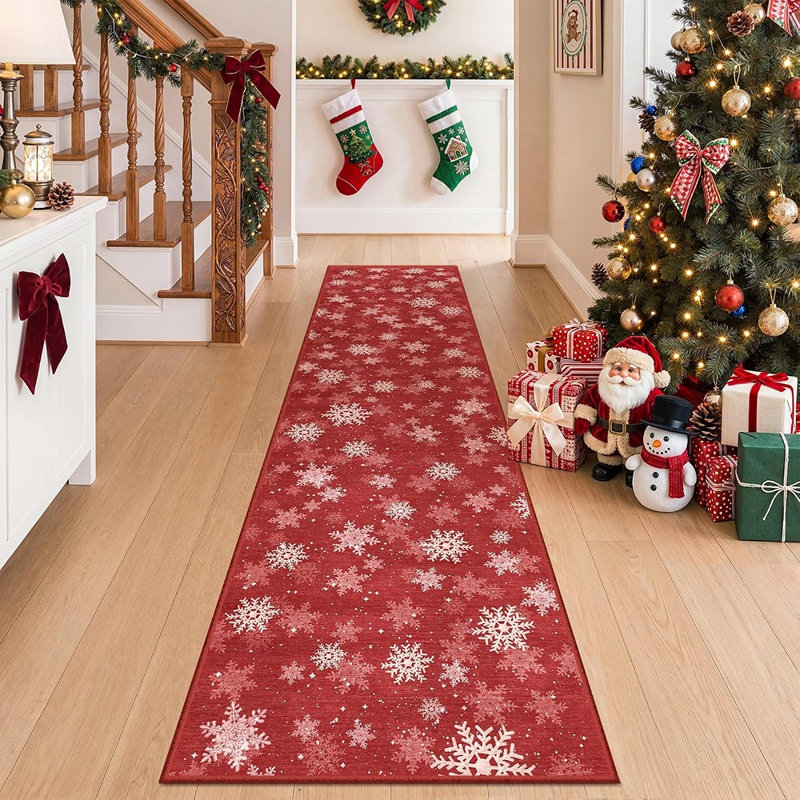 Red Christmas Runner Rug, Washable Holiday Carpet for Hallway and Kitchen