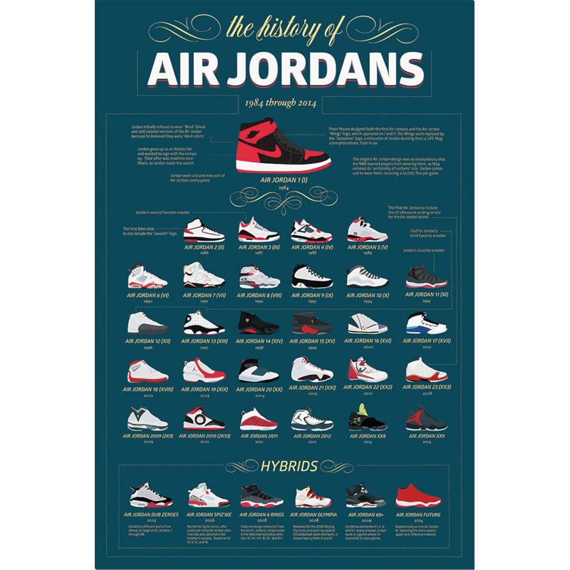 L'histoire d'Air Jordans de 144 à 2014 - Reproduction d'art graphique sur papier, H 36 po x l 24 po x P 0,05 po