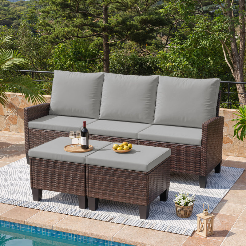 Ensemble de conversation modulaire en osier avec repose-pieds pour 3 personnes, Gris clair, Brun