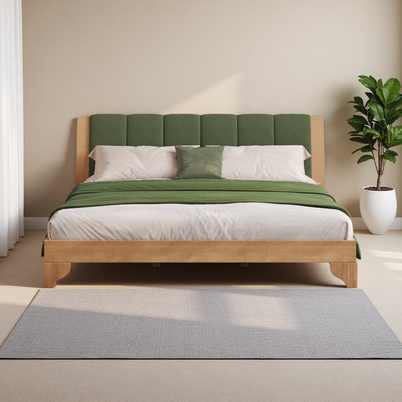 Cadre de lit en bois de pin de qualité supérieure, cadre de lit avec tête de lit inclus, lit Mid-Century moderne, Naturel