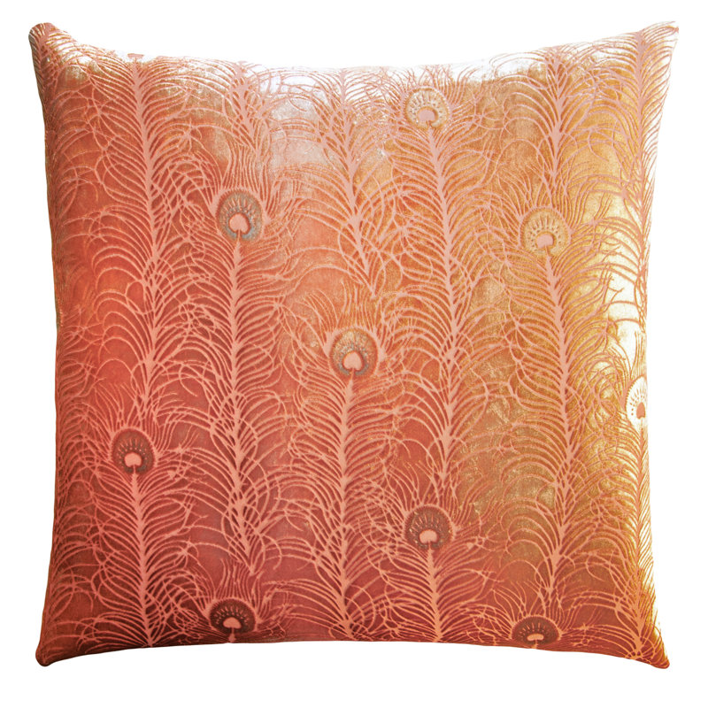 Peacock Feather Square Velvet Pillow Cover & Insert, Square 22", Mango
