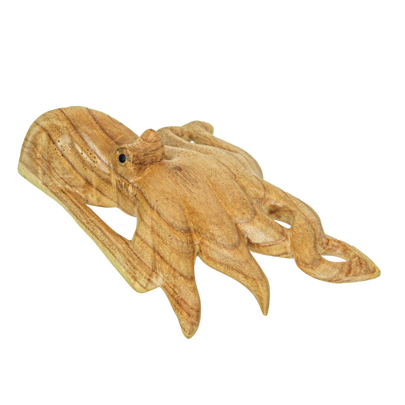 Figurine de pieuvre nautique en bois brun naturel sculpté à la main de 8,25 pouces de largeur