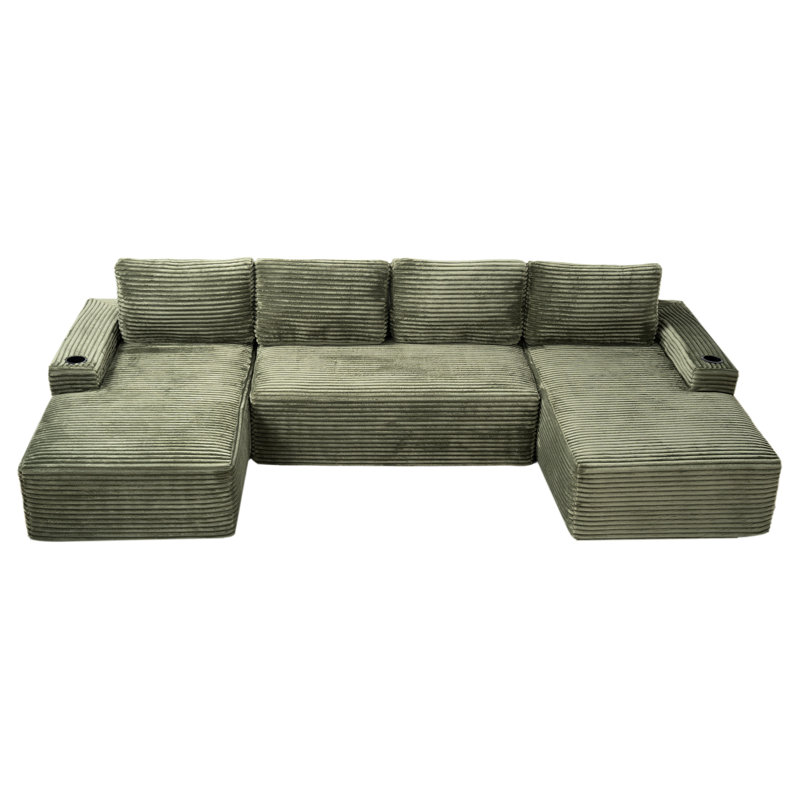 Canapé modulaire en velours côtelé en forme de U 6, avec porte-gobelets et poches de rangement, structure à ressorts ensachés en éponge, sans assemblage pour le confort du salon compressible, mousse et support à ressorts,
