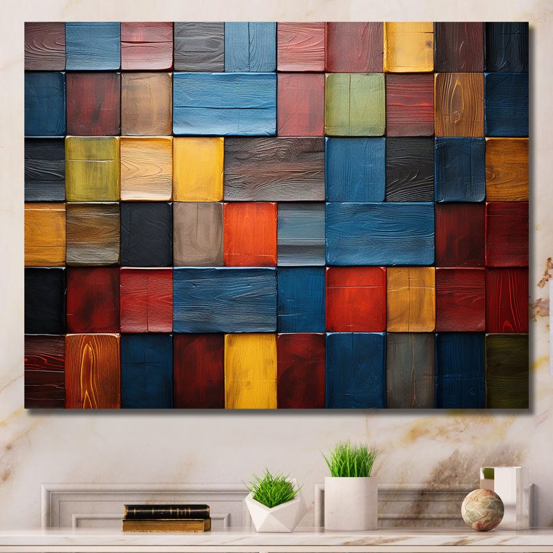 Carreaux colorés de couleurs terre V - art mural mosaïque Boho pour le salon, Toile tendue, H 24 po x l 32 po x P 1 po