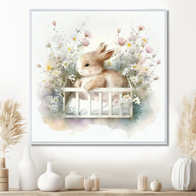 «Baby Bunny In Crib With Flowers I», reproduction sur toile