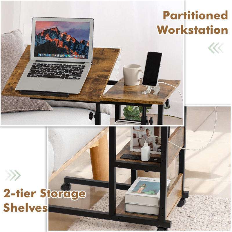 Adjustable C Table With Charging Station, Tiltable Desk C Shaped End Table For Couch, Over Bed Table With Wheels Adjustable Height, Hospital Table Laptop Stand Drawing Desk, Rustic Brown
