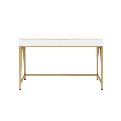 Gold Legged Vanity Desk With 2 Drawers, High Gloss Wooden Top, 18mm Material, 50x30x31 Inches Size White And Desk, Fully Finished Storage Metal Square Tube Base, 31 Height