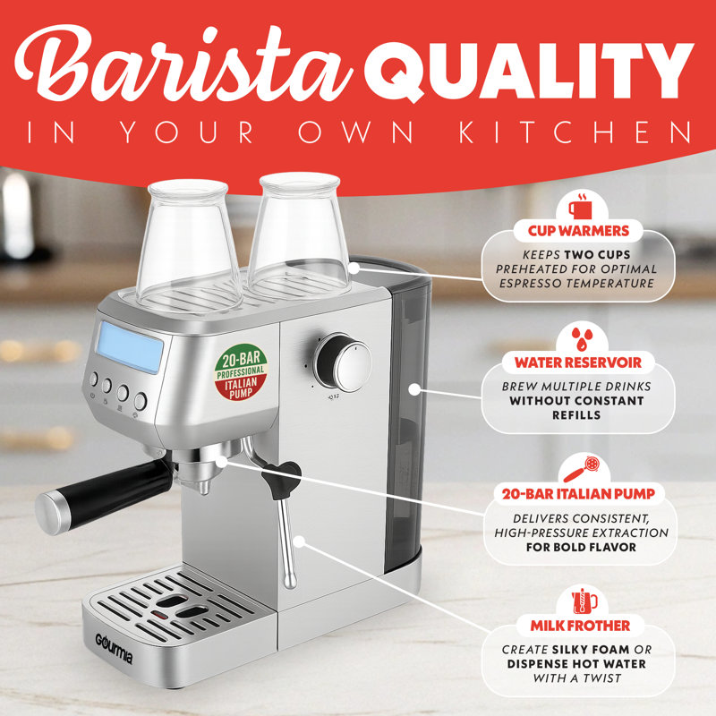 Gourmia Slim Espresso Maker With 20-bar Pump, Lcd Display & Milk Frother, Stainless Steel