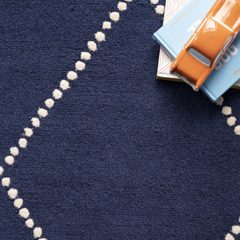 Tapis bleu marine en laine touffeté à la main à motif géométrique, Rectangle de 5 pi x 8 pi