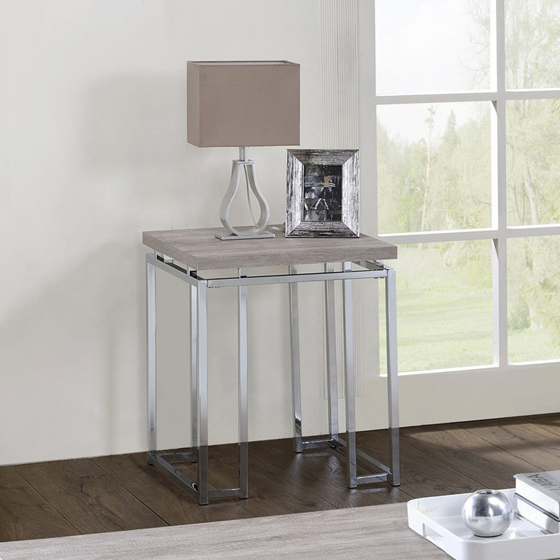 Table de bout carrée avec base en métal, chêne naturel et chrome