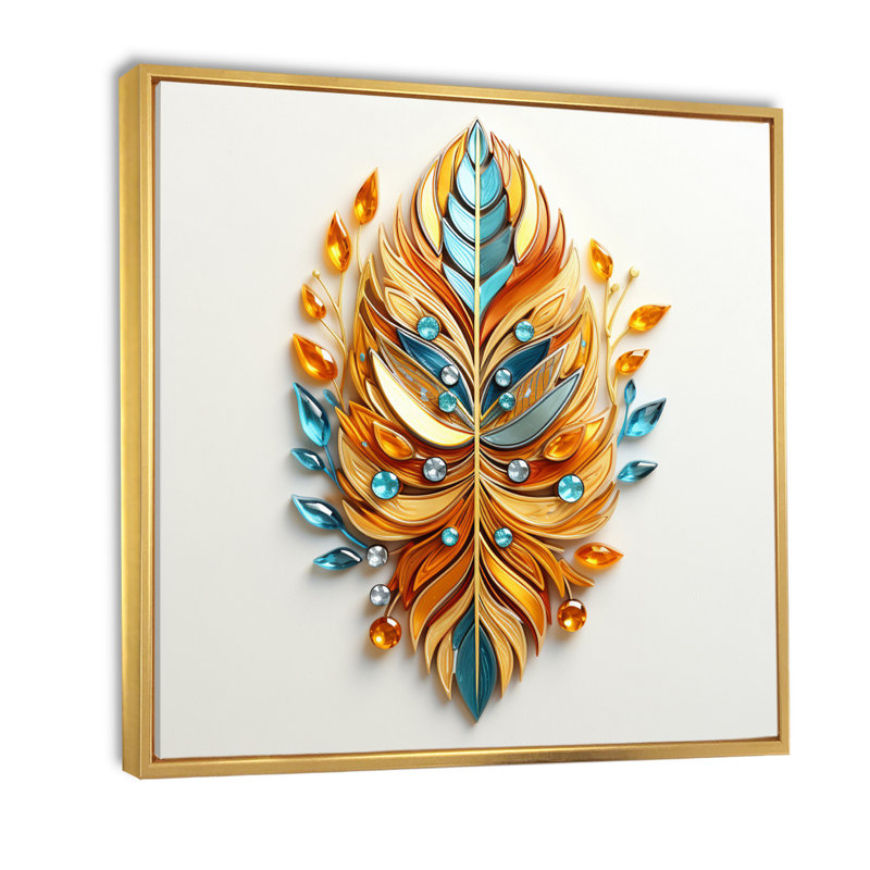 Boho Glam Amber Gold And Turquoise Theater - Feathers Canvas Art Print, H 30 po x l 30 po, Cadre flottant doré