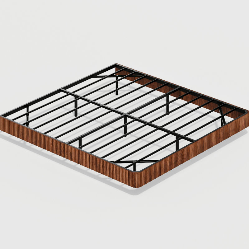 Floating Bed Frame Of King Size With Walnut Shade And Led Lights For Ambiance Creation, Wave - Shaped Wood Texture, Metal Slats Support, No Box Spring Setup, Invisible Suspension Design Concept,