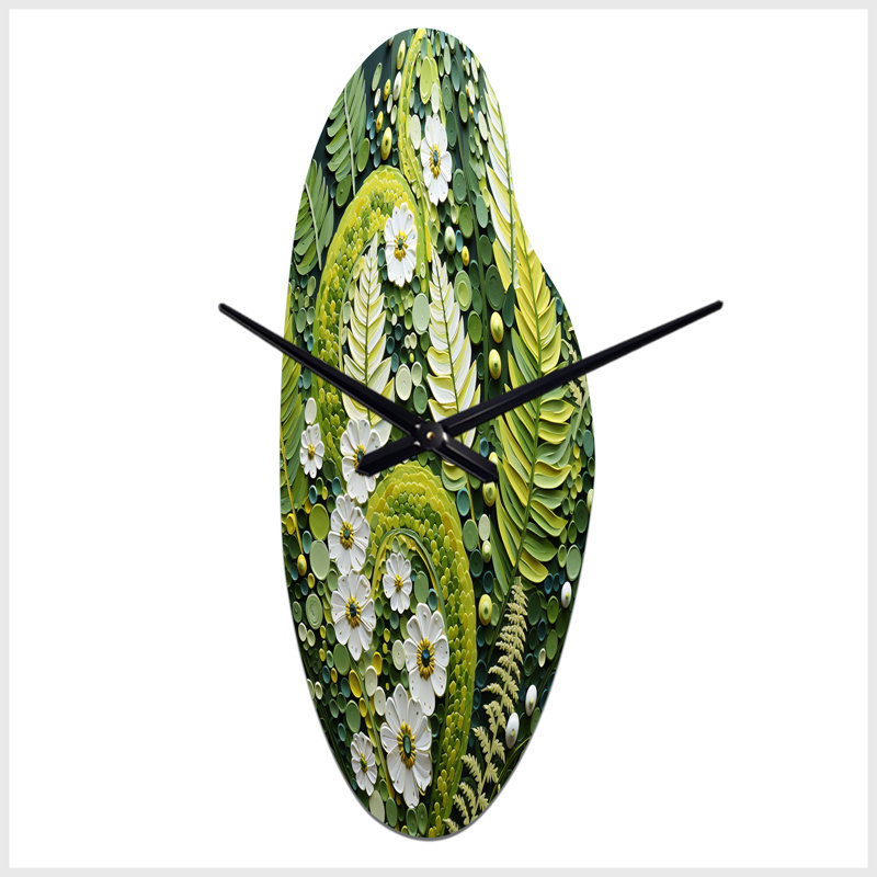 Light Green Ferns Plant Whimsical Spirals I - Curved Shape Large Ferns 3D Wall Clock, Moyenne