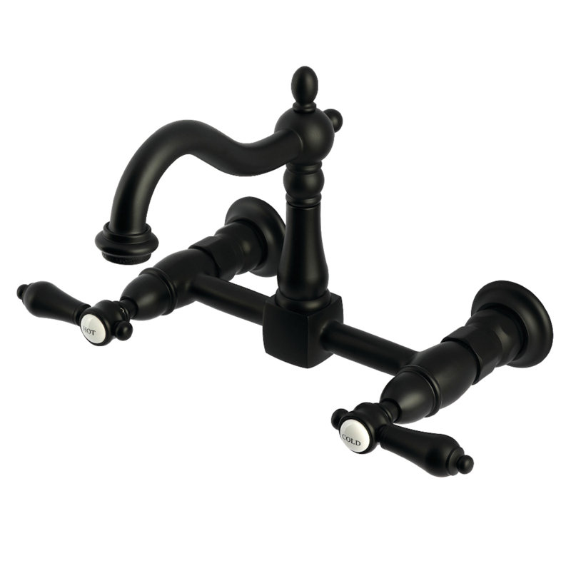 Kingston Brass Heirloom Double-Handle 2-Hole Wall-Mount Bridge Kitchen Faucet, Matte Black