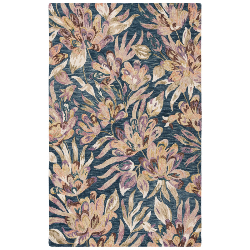 Kellis Hand Tufted Wool/Cotton Floral Rug in Plum/Blue, Square 6'