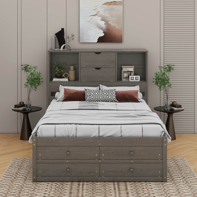 Lit plateforme avec tête de rangement et 8 tiroirs Billington, Grand lit, Gris