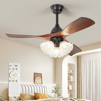 Ventilateur de plafond moderne 42 po 3 pales en noyer avec lumière 3 * E26 (sans ampoule), abat-jour floral, télécommande, 6 vitesses, flux d'air réversible, réglable en hauteur pour le salon de la chambre à coucher
