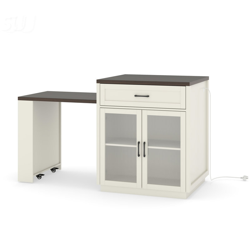 Îlot de cuisine extensible avec table coulissante, supports de rangement et portes en verre trempé pour un repas et une organisation polyvalents