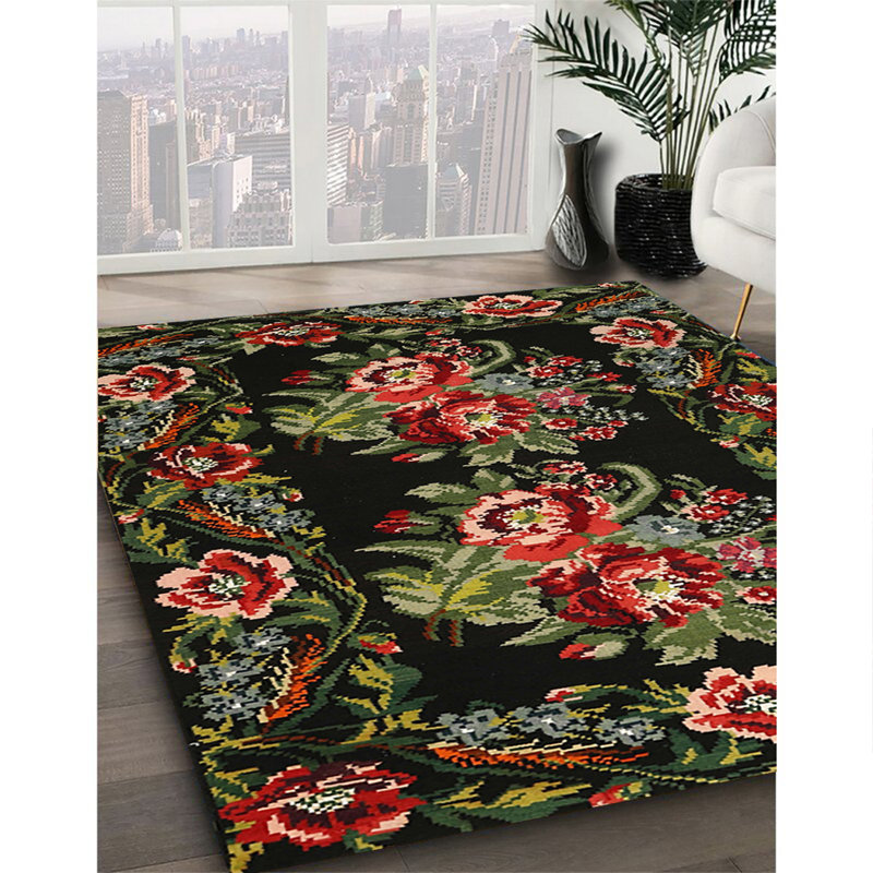 Tapis traditionnel noir / vert / rouge, Rectangle 7 pi x 10 pi