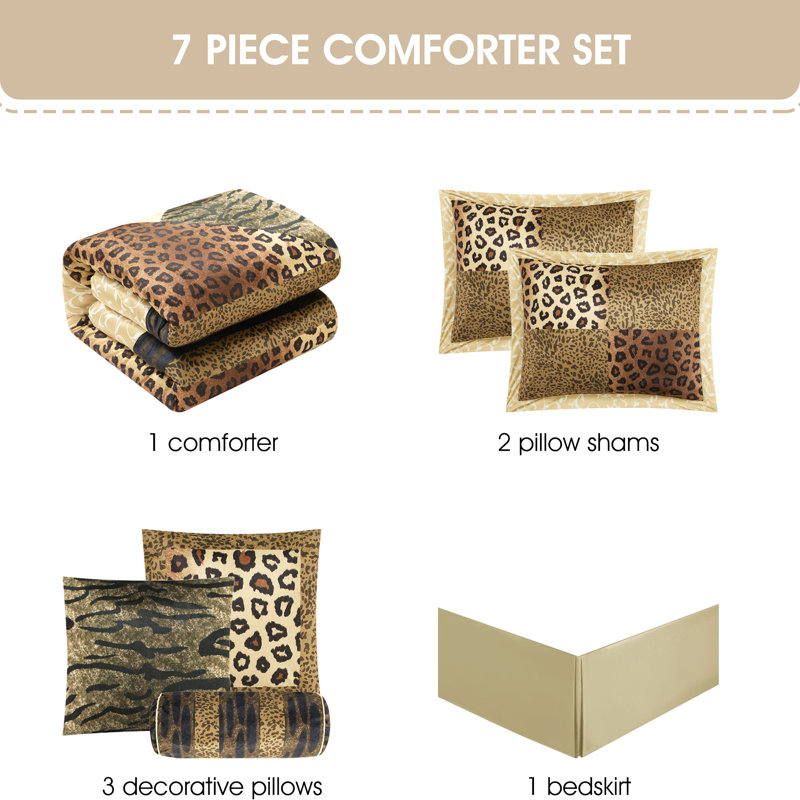 Tucson 7 Piece Leopard Print Comforter Set, Beige/Brown/Black, Queen Comforter + 6 Additional Pieces