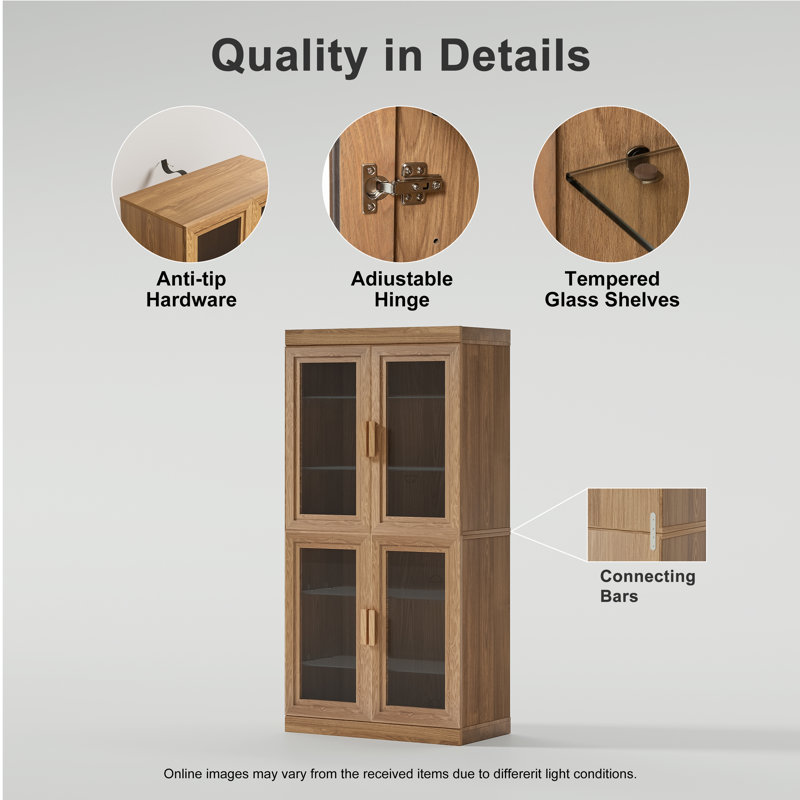Armoire de rangement pour garde-manger de 62 po avec portes réglables en verre Trumann, Bois naturel