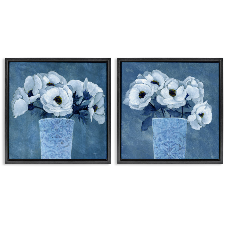  «Magnolia Bouquets on Blue», ensemble de 2 toiles flottantes encadrées par Janet Tava, H 18 po x l 18 po