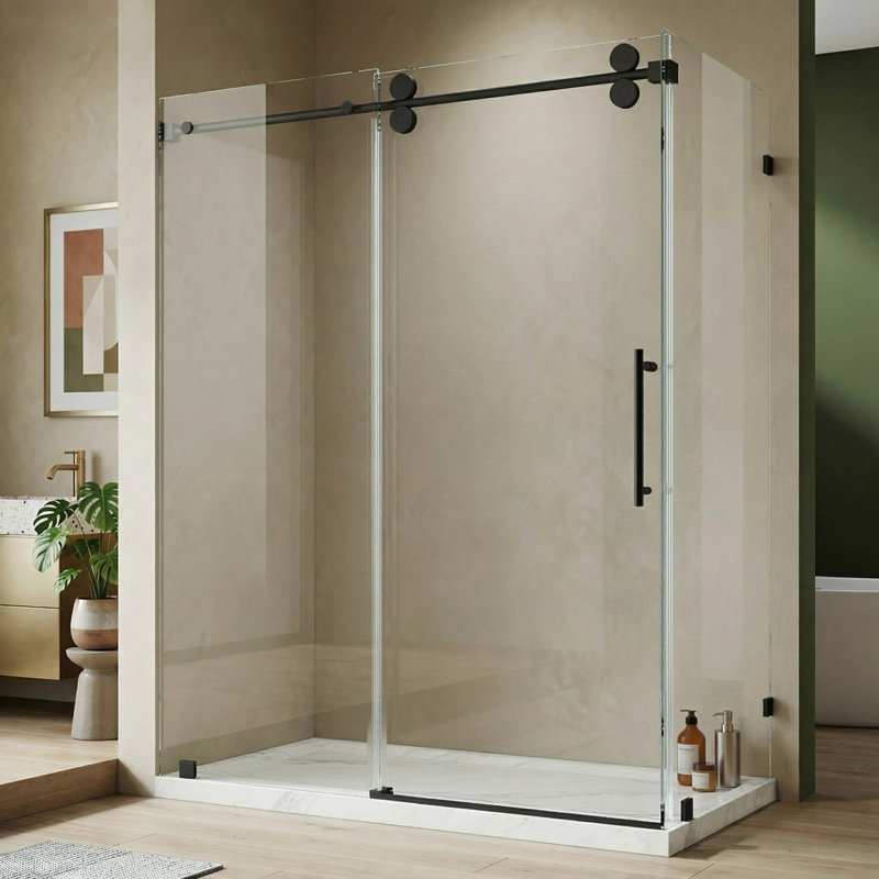 48" W X 32" D X 76" H Sliding Frameless Shower Enclosure With 3/8 Inch Tempered Glass, Matte Black, 32"