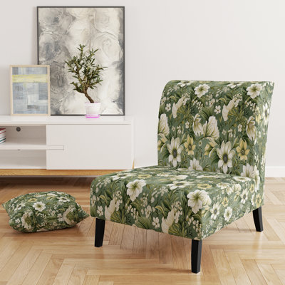 Green Floral Flourishes  Elegance - Upholstered Farmhouse Slipper Chair, Rustic Floral Accent Chair