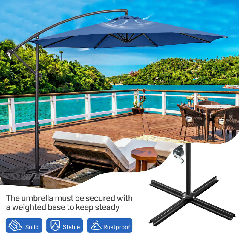 Parasol de patio décalé 10 pi avec 8 nervures, conception en porte-à-faux et base croisée, bleu, Bleu