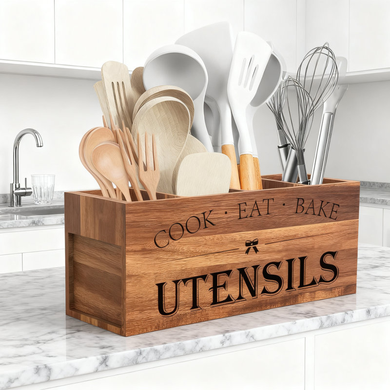 Porte-ustensiles en bois pour comptoir de cuisine, très grand organisateur de comptoir avec 4 compartiments, cloison amovible pour un nettoyage facile, décor de ferme rustique pour les ustensiles de cuisine