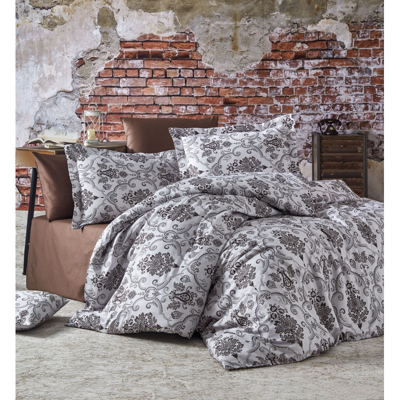 Ensemble de housse de couette 100% coton Stallings, Housse de couette double TG + 3 pièces supplémen, Gris / blanc